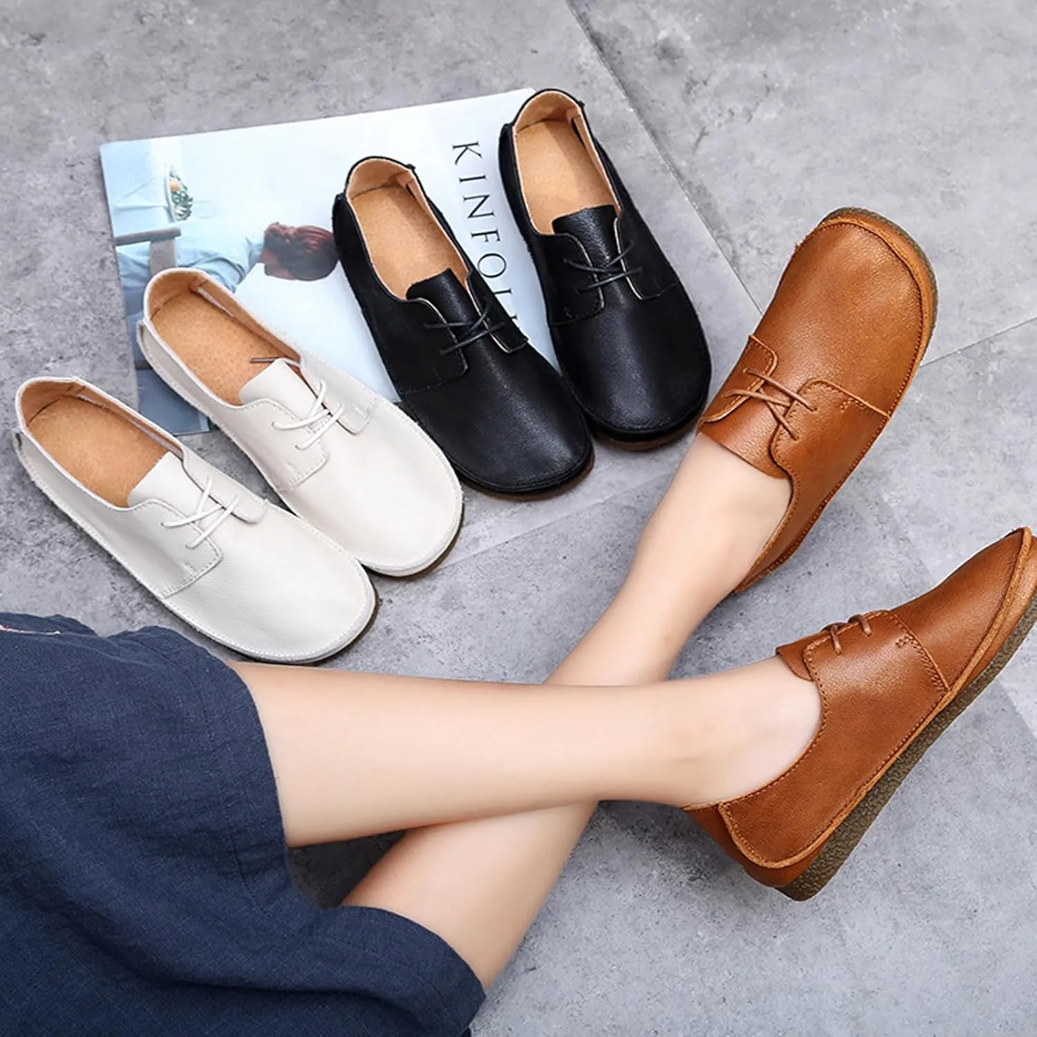 Women's Leather Round Toe Soft Sole Flat Casual Oxford Shoes Retro Soft Foldable Sole Non-Slip Lightweight Business Driving Work Barefoot Lace-Up Dress Shoes