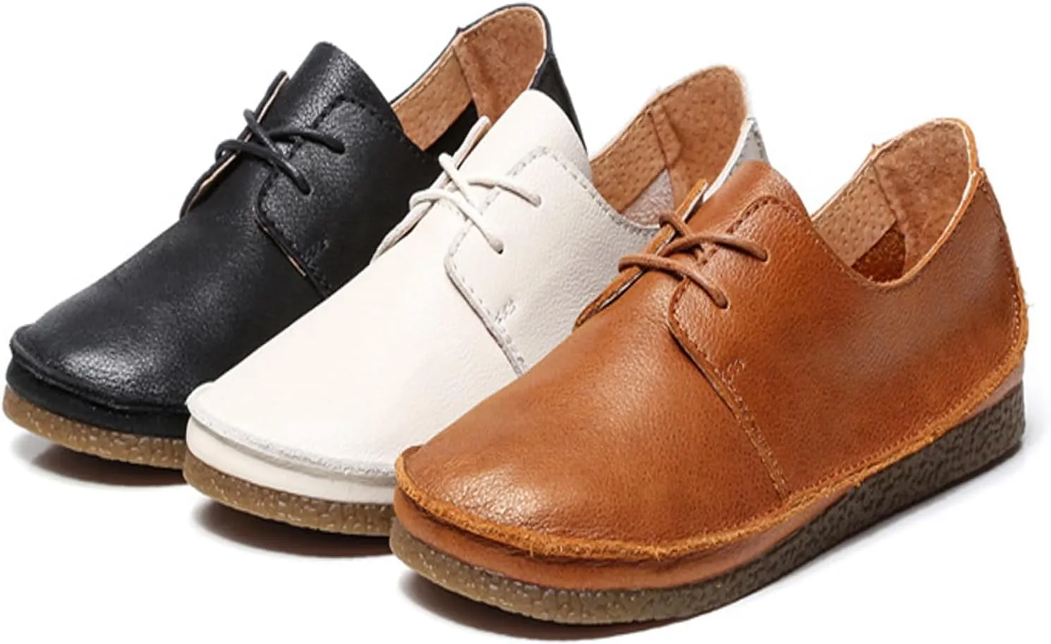 Women's Leather Round Toe Soft Sole Flat Casual Oxford Shoes Retro Soft Foldable Sole Non-Slip Lightweight Business Driving Work Barefoot Lace-Up Dress Shoes