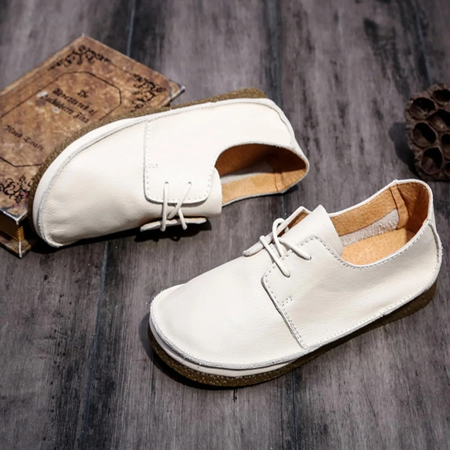 Women's Leather Round Toe Soft Sole Flat Casual Oxford Shoes Retro Soft Foldable Sole Non-Slip Lightweight Business Driving Work Barefoot Lace-Up Dress Shoes