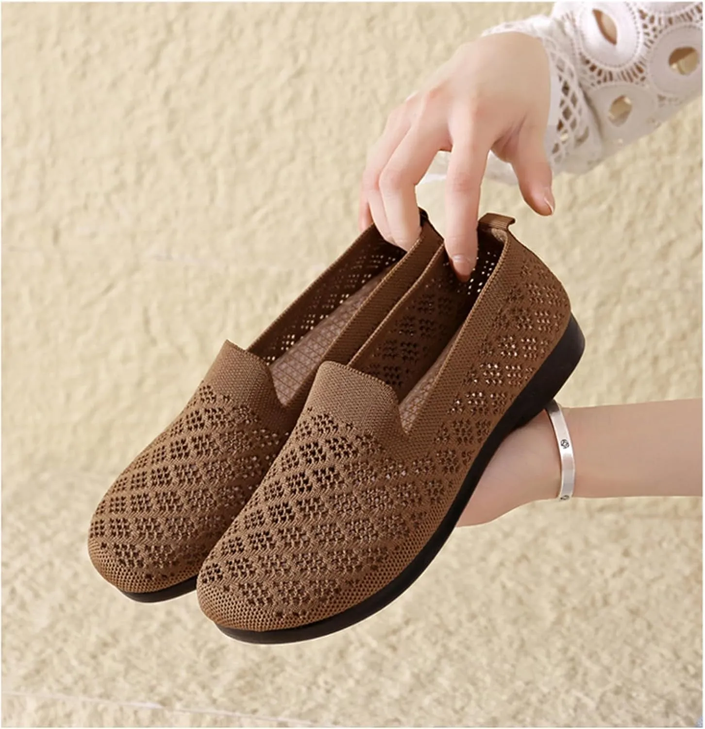Women's Mesh Cutout Cloth Flats Loafer Shoes Round Toe Comfort Breathable Casual Slip On Walking Shoes for Flexible Workout