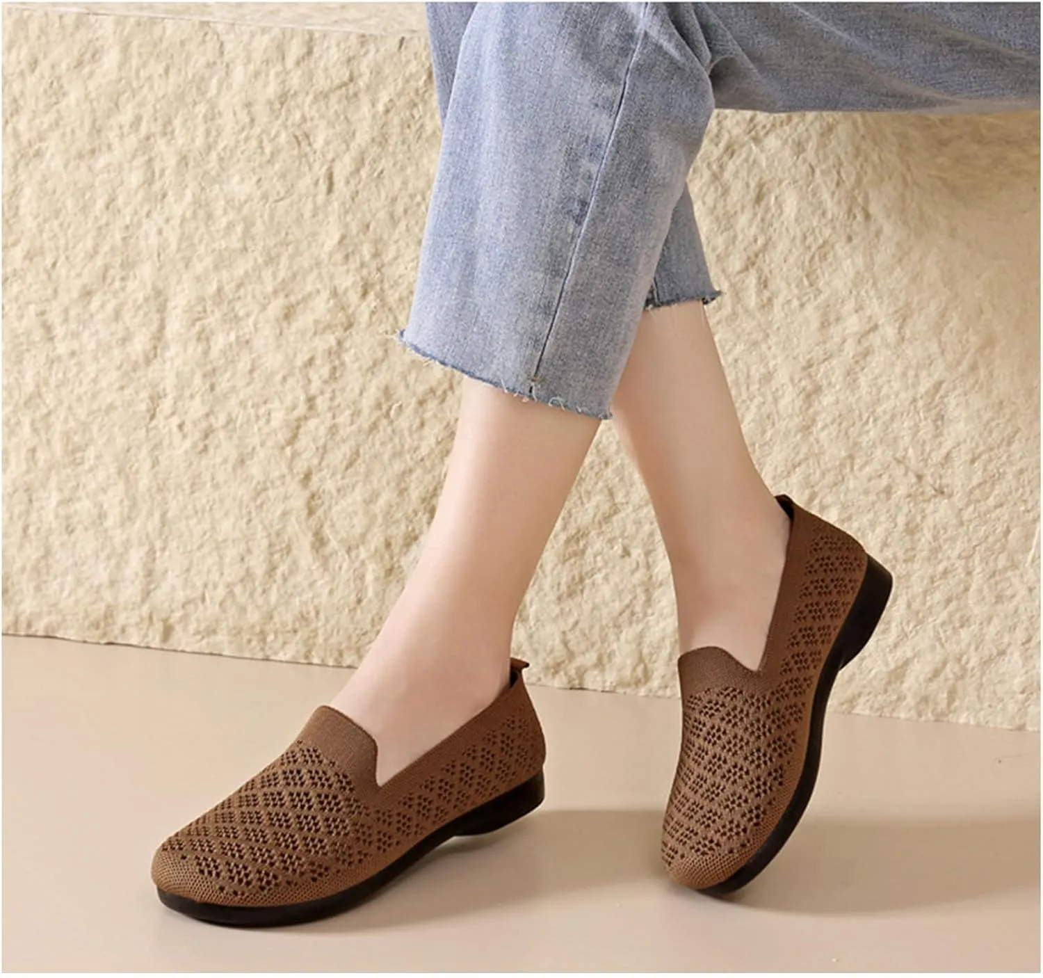 Women's Mesh Cutout Cloth Flats Loafer Shoes Round Toe Comfort Breathable Casual Slip On Walking Shoes for Flexible Workout