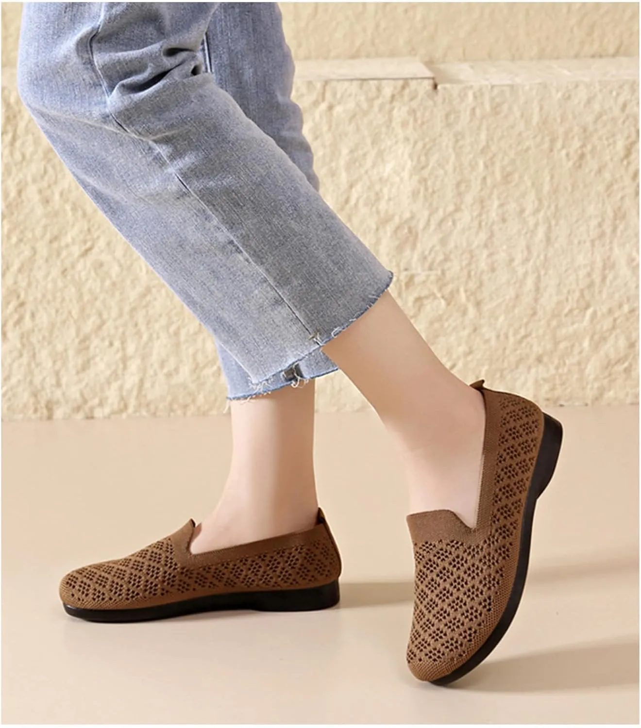 Women's Mesh Cutout Cloth Flats Loafer Shoes Round Toe Comfort Breathable Casual Slip On Walking Shoes for Flexible Workout