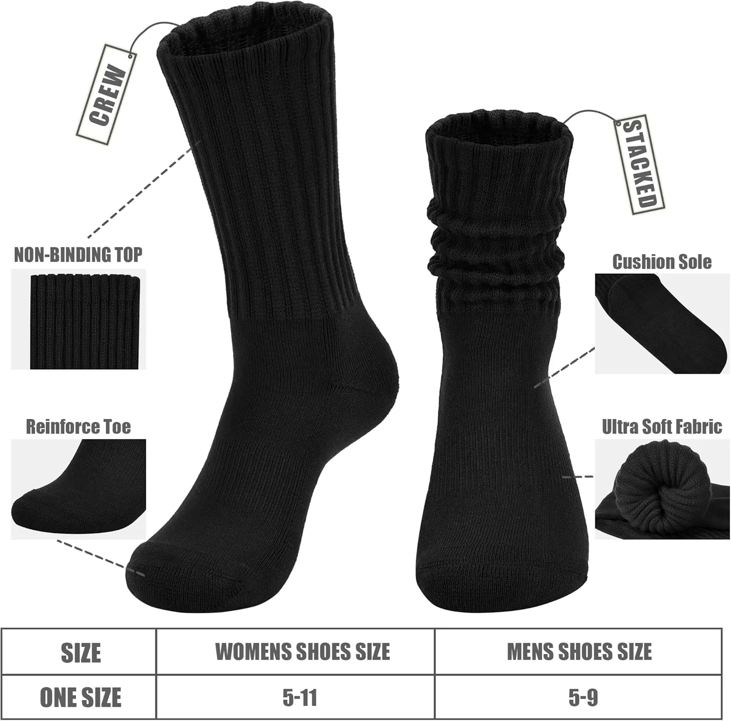 Women's Scrunch Crew Socks Retro 3-Pack Solid Cotton Boot Calf Socks Chunky Ribbed Cozy Slouchy Socks Size 5-11