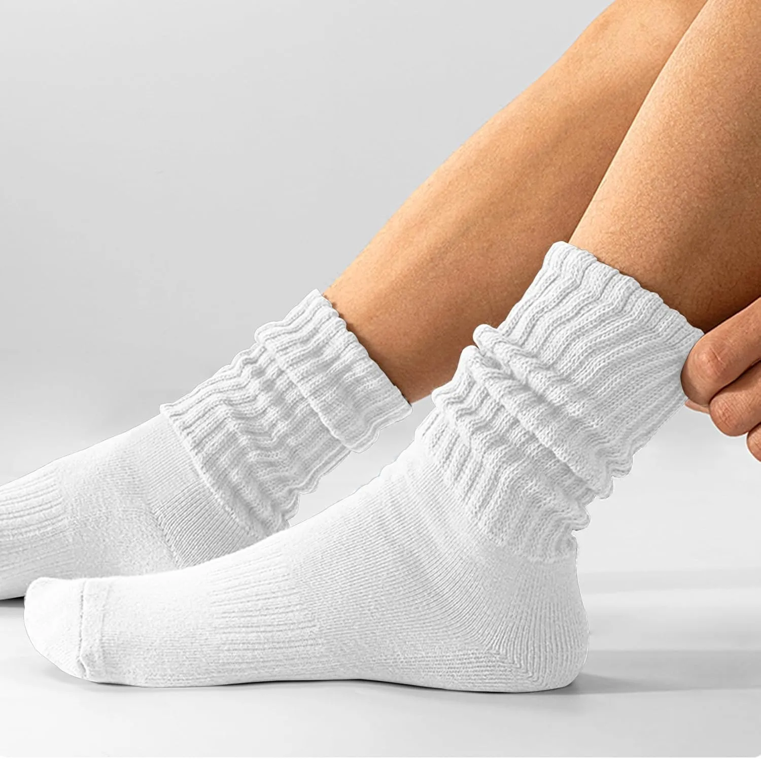 Women's Scrunch Crew Socks Retro 3-Pack Solid Cotton Boot Calf Socks Chunky Ribbed Cozy Slouchy Socks Size 5-11