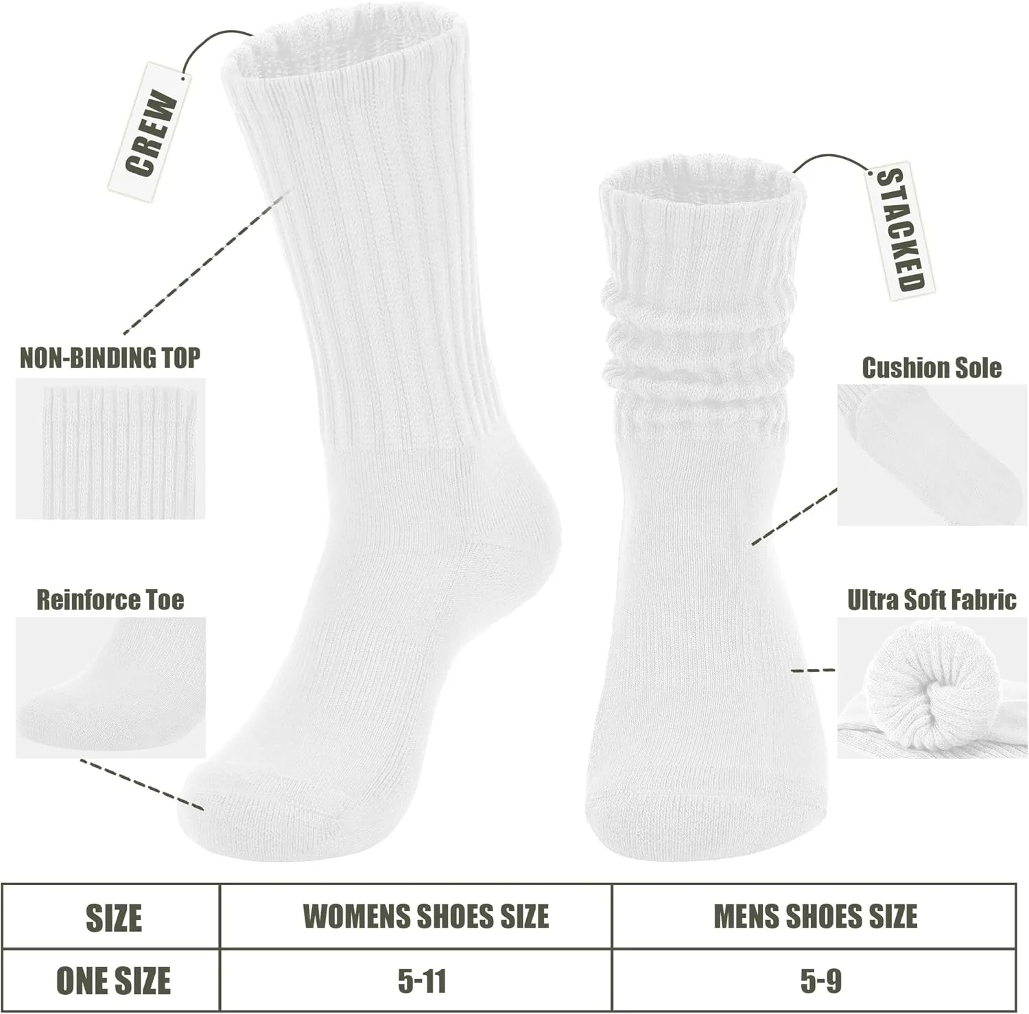 Women's Scrunch Crew Socks Retro 3-Pack Solid Cotton Boot Calf Socks Chunky Ribbed Cozy Slouchy Socks Size 5-11