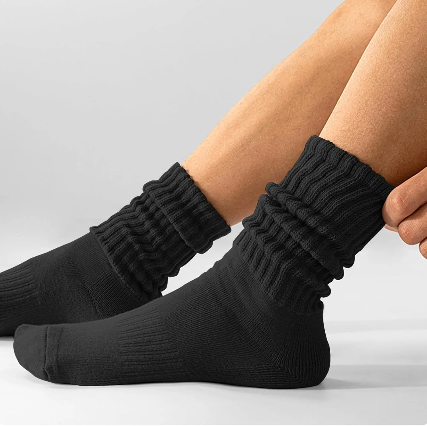 Women's Scrunch Crew Socks Retro 3-Pack Solid Cotton Boot Calf Socks Chunky Ribbed Cozy Slouchy Socks Size 5-11
