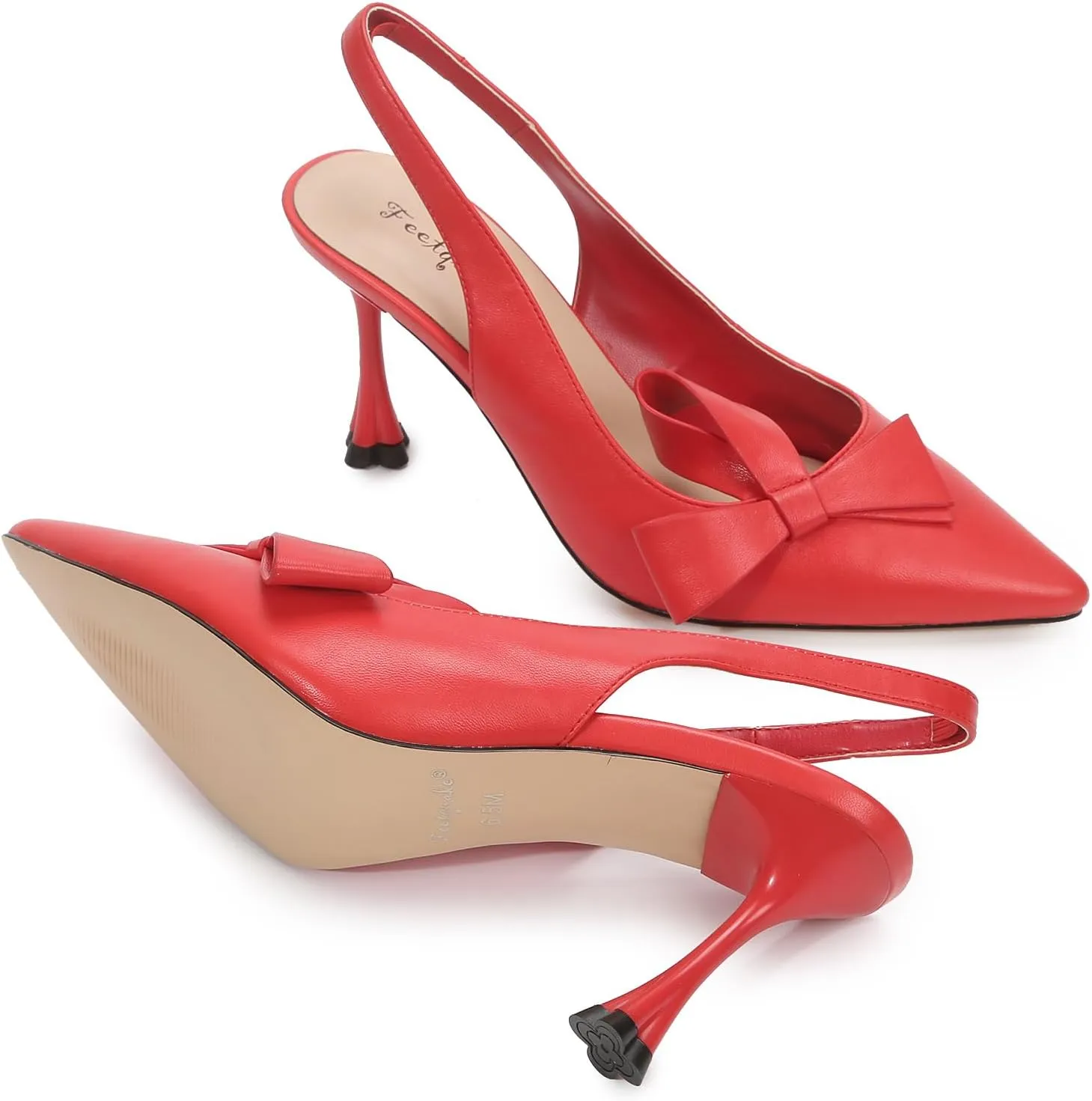 Women's Slingback Pump Shoes Handmade Flower Bows Stiletto Club Heel Pointed Toe Soft PU Leather Daily Dress Shoes