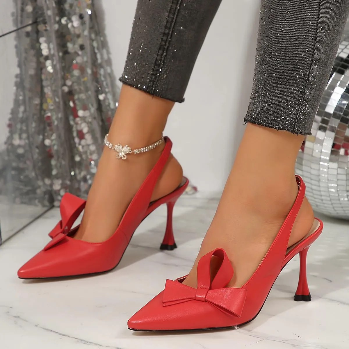 Women's Slingback Pump Shoes Handmade Flower Bows Stiletto Club Heel Pointed Toe Soft PU Leather Daily Dress Shoes