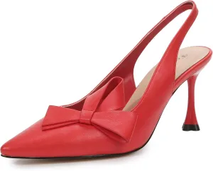 Women's Slingback Pump Shoes Handmade Flower Bows Stiletto Club Heel Pointed Toe Soft PU Leather Daily Dress Shoes