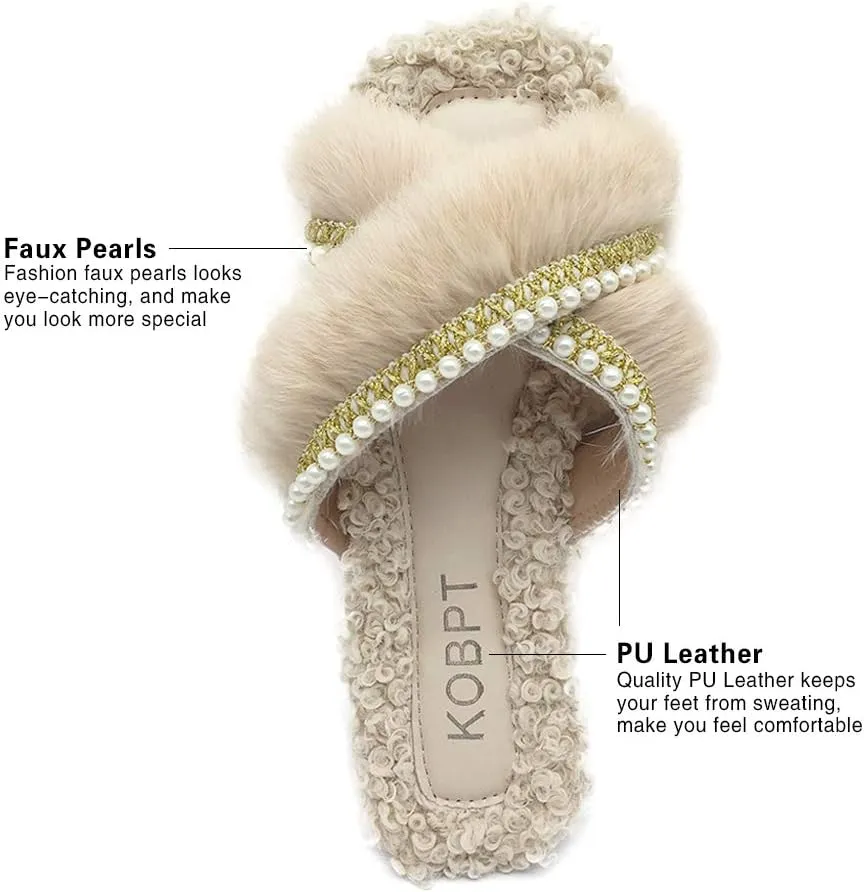 Women's Slippers Fluffy Plush Cozy Open Toe Cross Band Indoor Outdoor Shoe