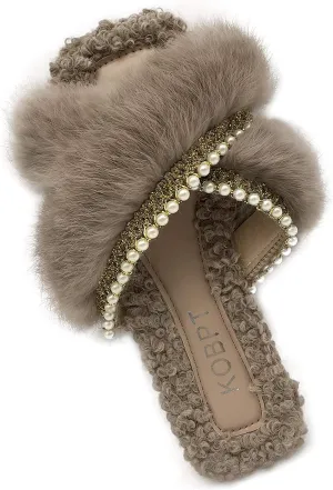 Women's Slippers Fluffy Plush Cozy Open Toe Cross Band Indoor Outdoor Shoe