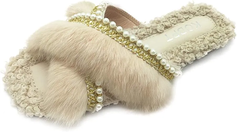 Women's Slippers Fluffy Plush Cozy Open Toe Cross Band Indoor Outdoor Shoe