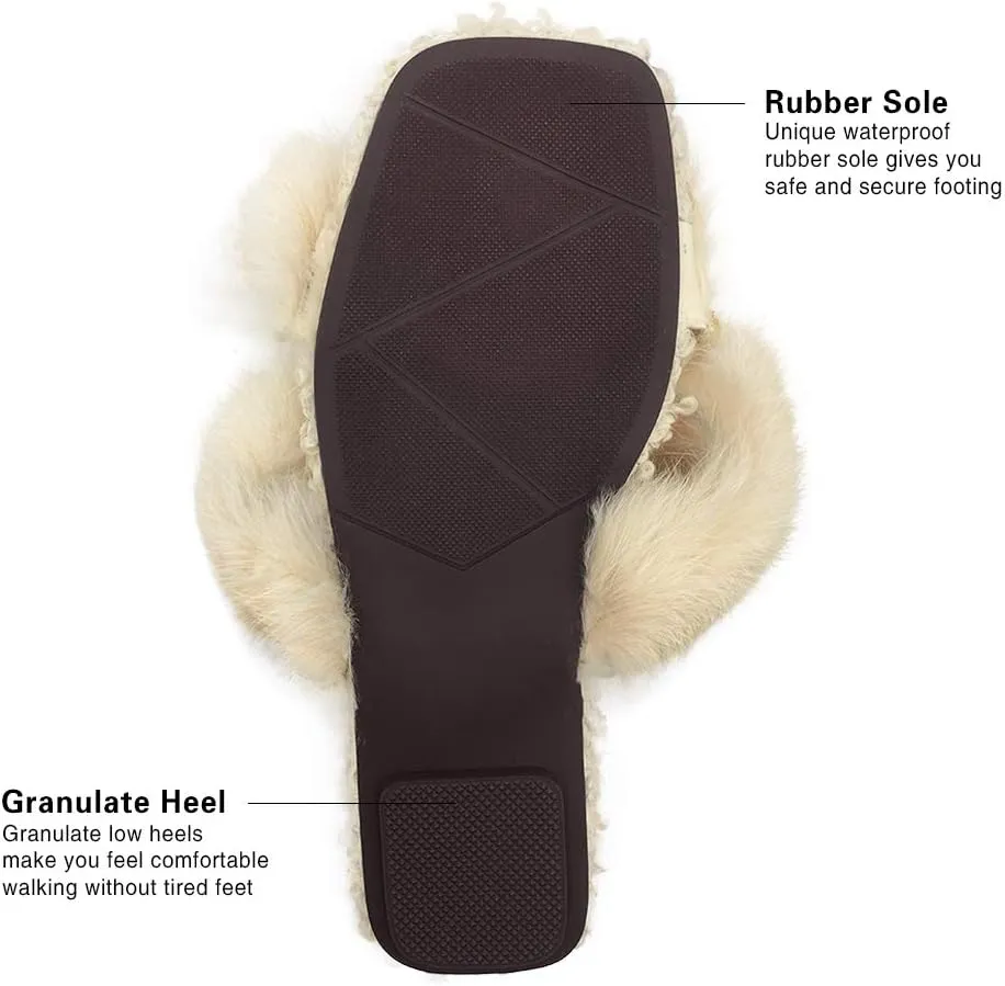 Women's Slippers Fluffy Plush Cozy Open Toe Cross Band Indoor Outdoor Shoe