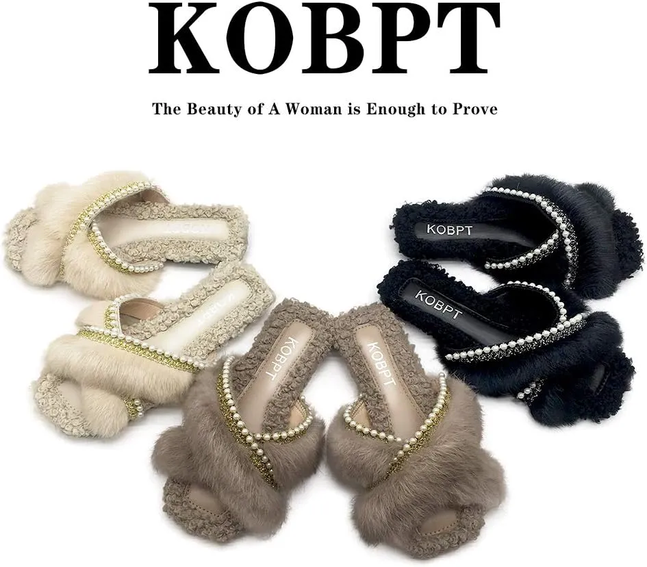 Women's Slippers Fluffy Plush Cozy Open Toe Cross Band Indoor Outdoor Shoe