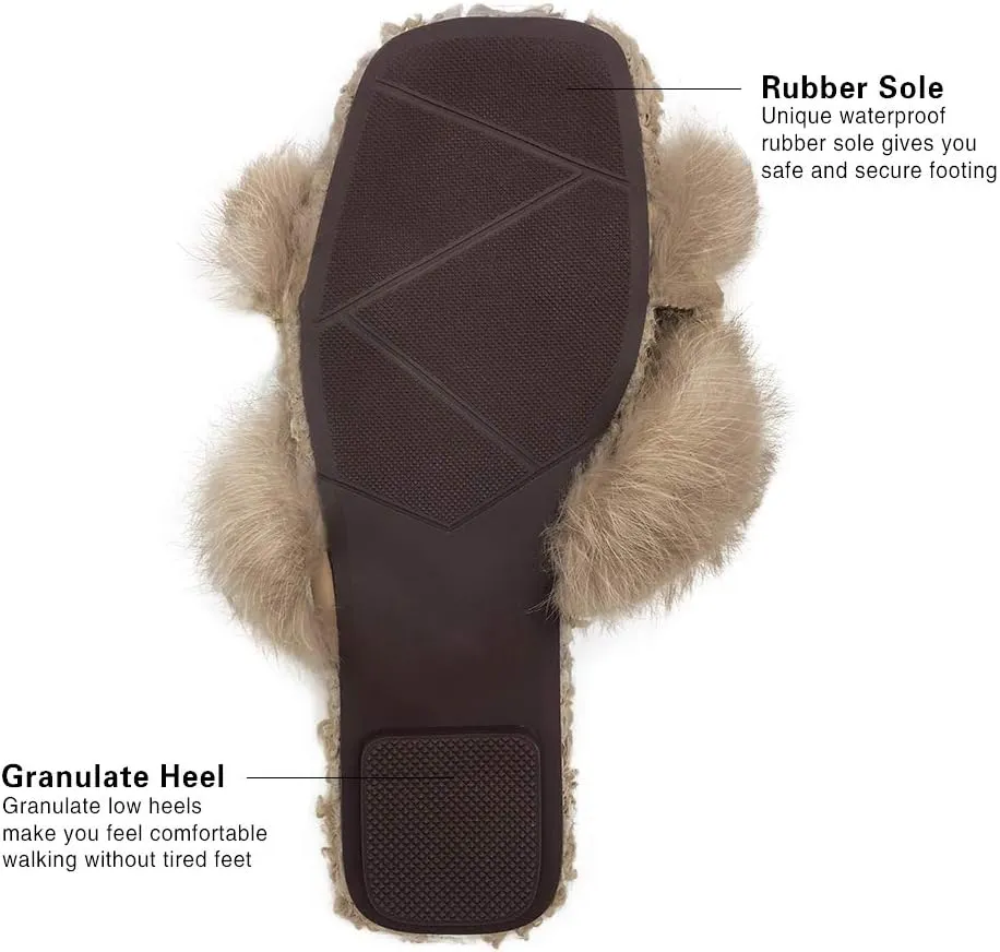 Women's Slippers Fluffy Plush Cozy Open Toe Cross Band Indoor Outdoor Shoe