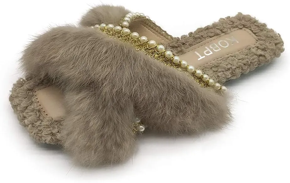 Women's Slippers Fluffy Plush Cozy Open Toe Cross Band Indoor Outdoor Shoe
