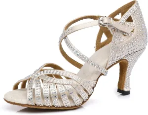Women's Suede Sole Rhinestone Ballroom Dance Shoes Latin Salsa Glitter Performance Dance Shoes