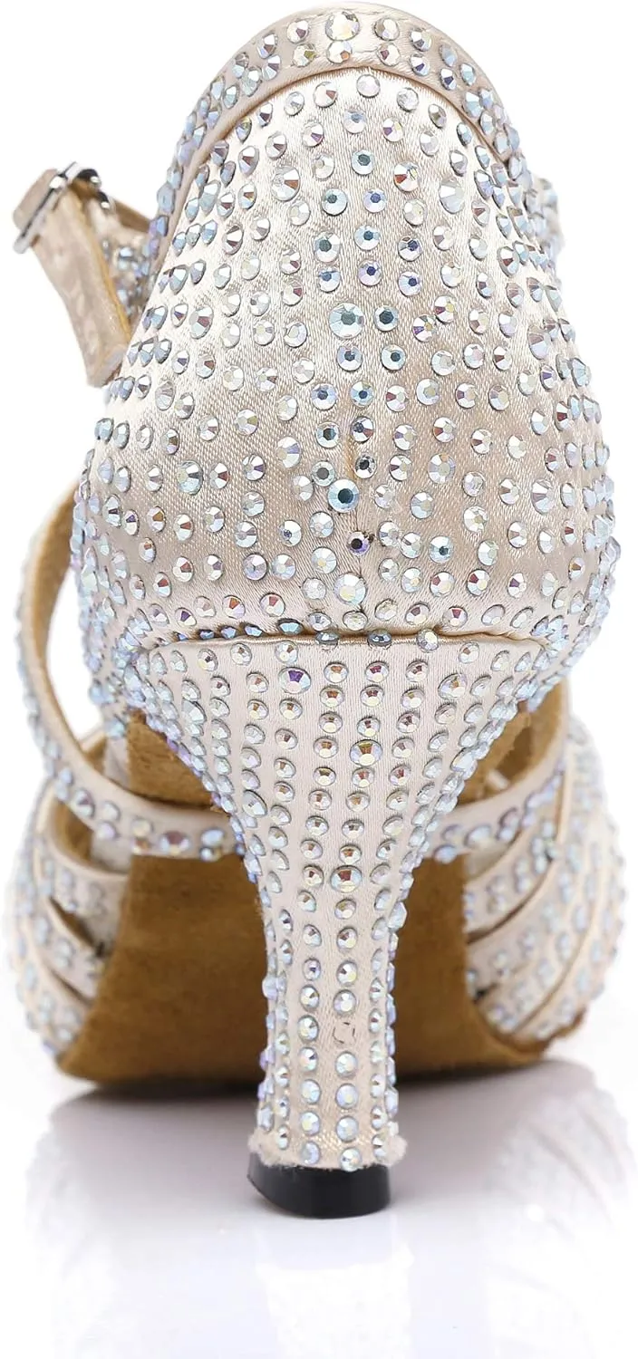 Women's Suede Sole Rhinestone Ballroom Dance Shoes Latin Salsa Glitter Performance Dance Shoes
