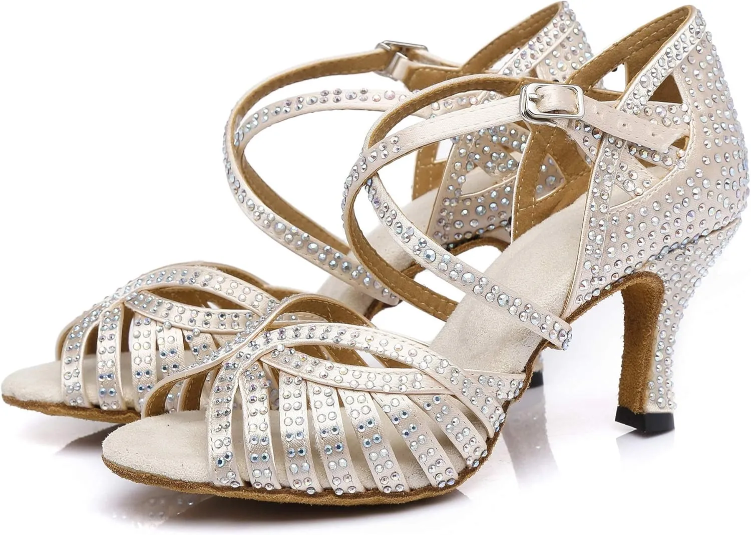 Women's Suede Sole Rhinestone Ballroom Dance Shoes Latin Salsa Glitter Performance Dance Shoes