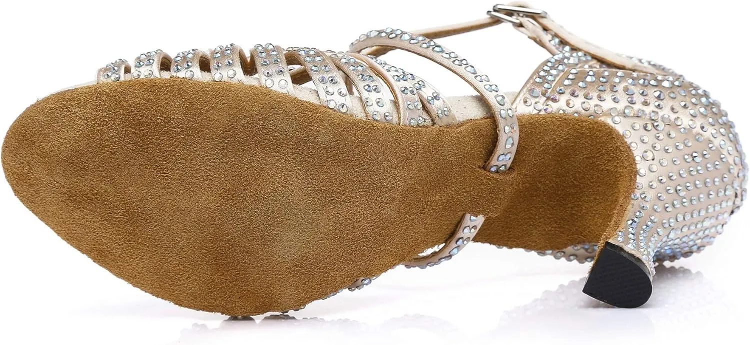 Women's Suede Sole Rhinestone Ballroom Dance Shoes Latin Salsa Glitter Performance Dance Shoes