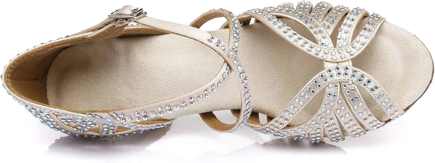 Women's Suede Sole Rhinestone Ballroom Dance Shoes Latin Salsa Glitter Performance Dance Shoes