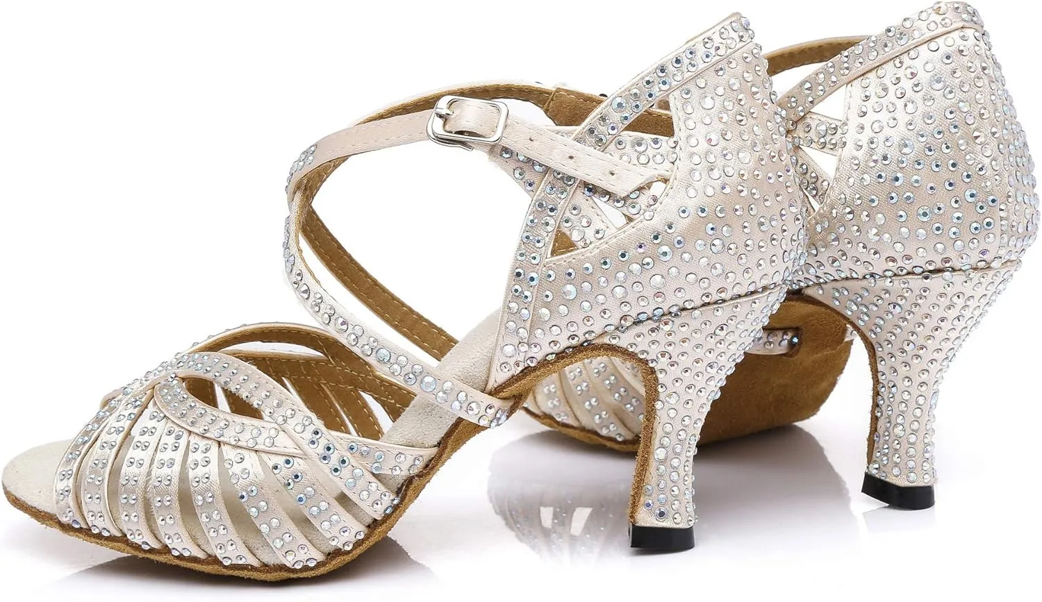 Women's Suede Sole Rhinestone Ballroom Dance Shoes Latin Salsa Glitter Performance Dance Shoes