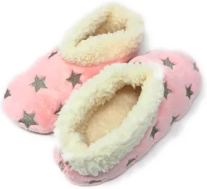 Women’s The Starz Plush Slippers, Cute Fuzzy Sherpa Slippers, Glitter and Stars House Indoor Shoes