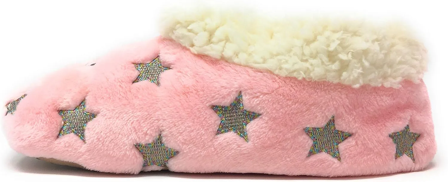 Women’s The Starz Plush Slippers, Cute Fuzzy Sherpa Slippers, Glitter and Stars House Indoor Shoes