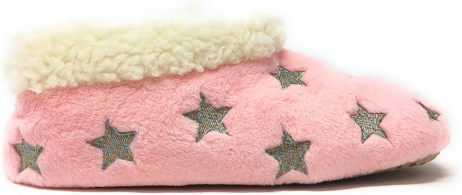 Women’s The Starz Plush Slippers, Cute Fuzzy Sherpa Slippers, Glitter and Stars House Indoor Shoes
