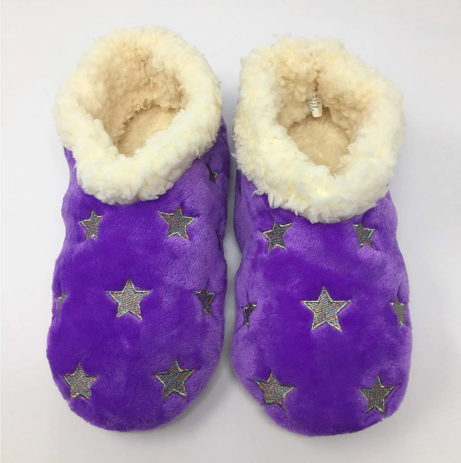 Women’s The Starz Plush Slippers, Cute Fuzzy Sherpa Slippers, Glitter and Stars House Indoor Shoes