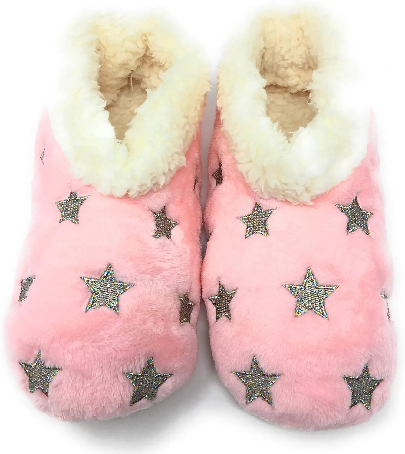 Women’s The Starz Plush Slippers, Cute Fuzzy Sherpa Slippers, Glitter and Stars House Indoor Shoes