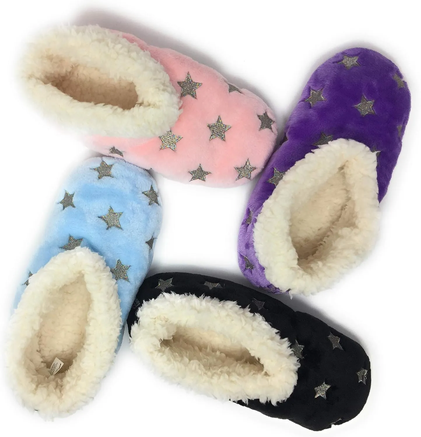 Women’s The Starz Plush Slippers, Cute Fuzzy Sherpa Slippers, Glitter and Stars House Indoor Shoes