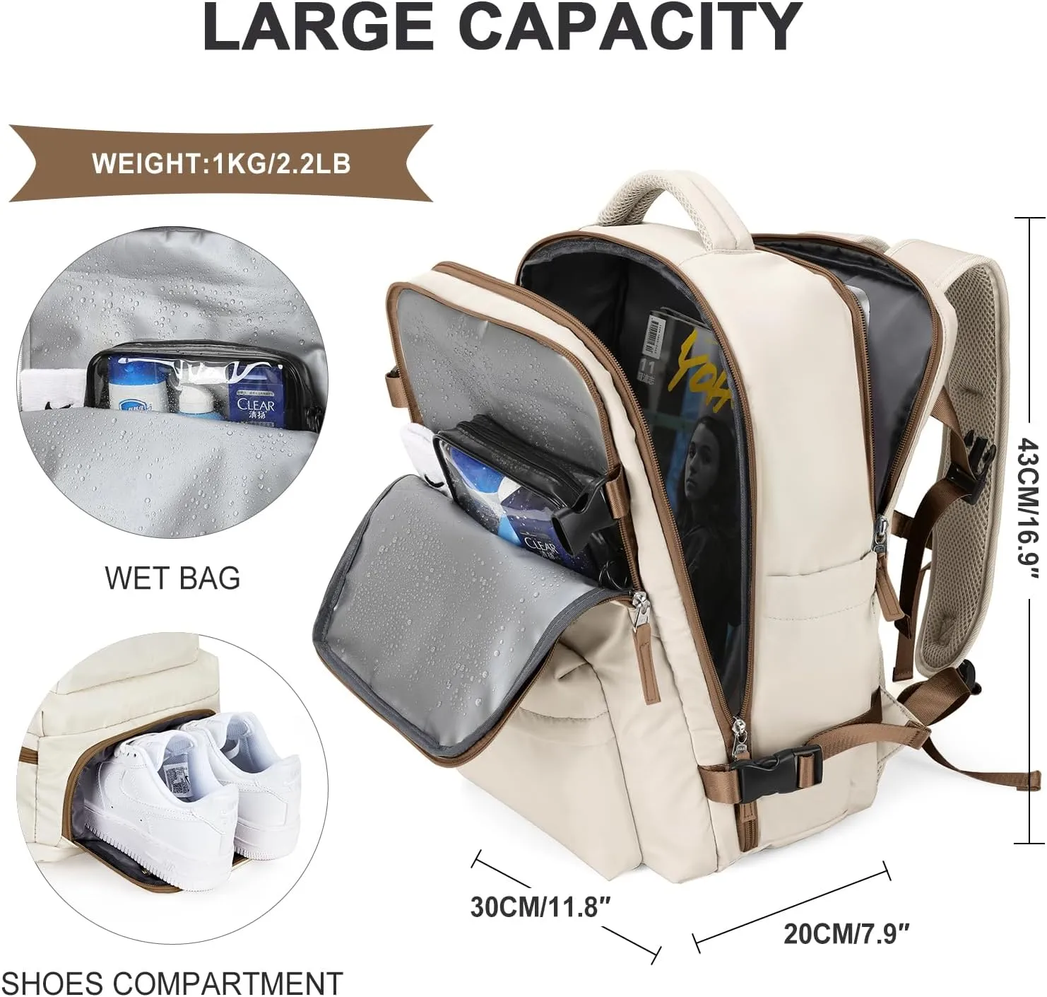 WONHOX Large Travel Backpack Carry on Flight Approved Laptop Work Business Backpack for Women Men Mochila de Viaje