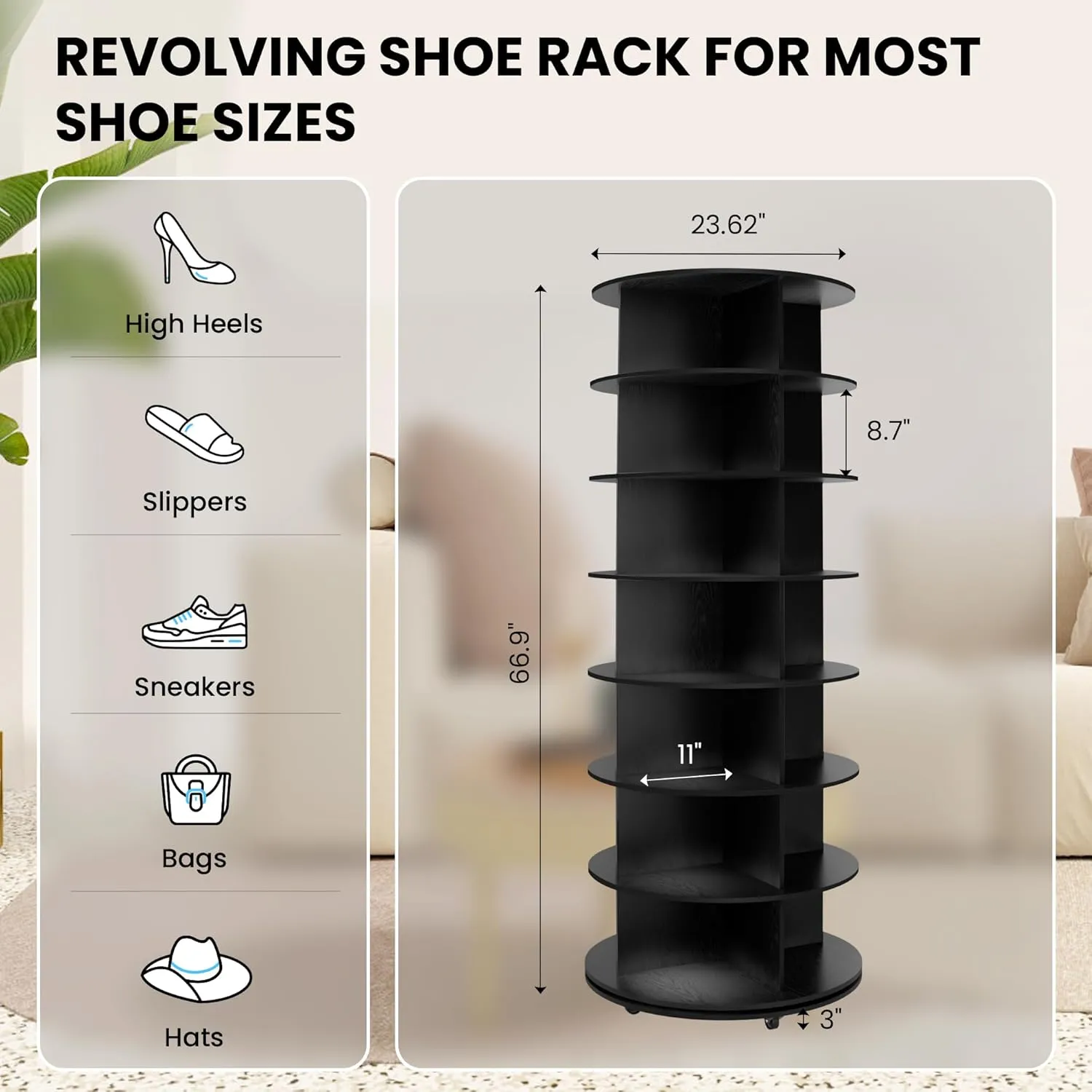 Wood 7-Tier Rotating Shoe Rack Tower, 360 with Wheels, Shoe Tree Organizer for Entryway Closet Bedroom, Space-Saving Design, Compact Tower, 66.9 Inch - Black