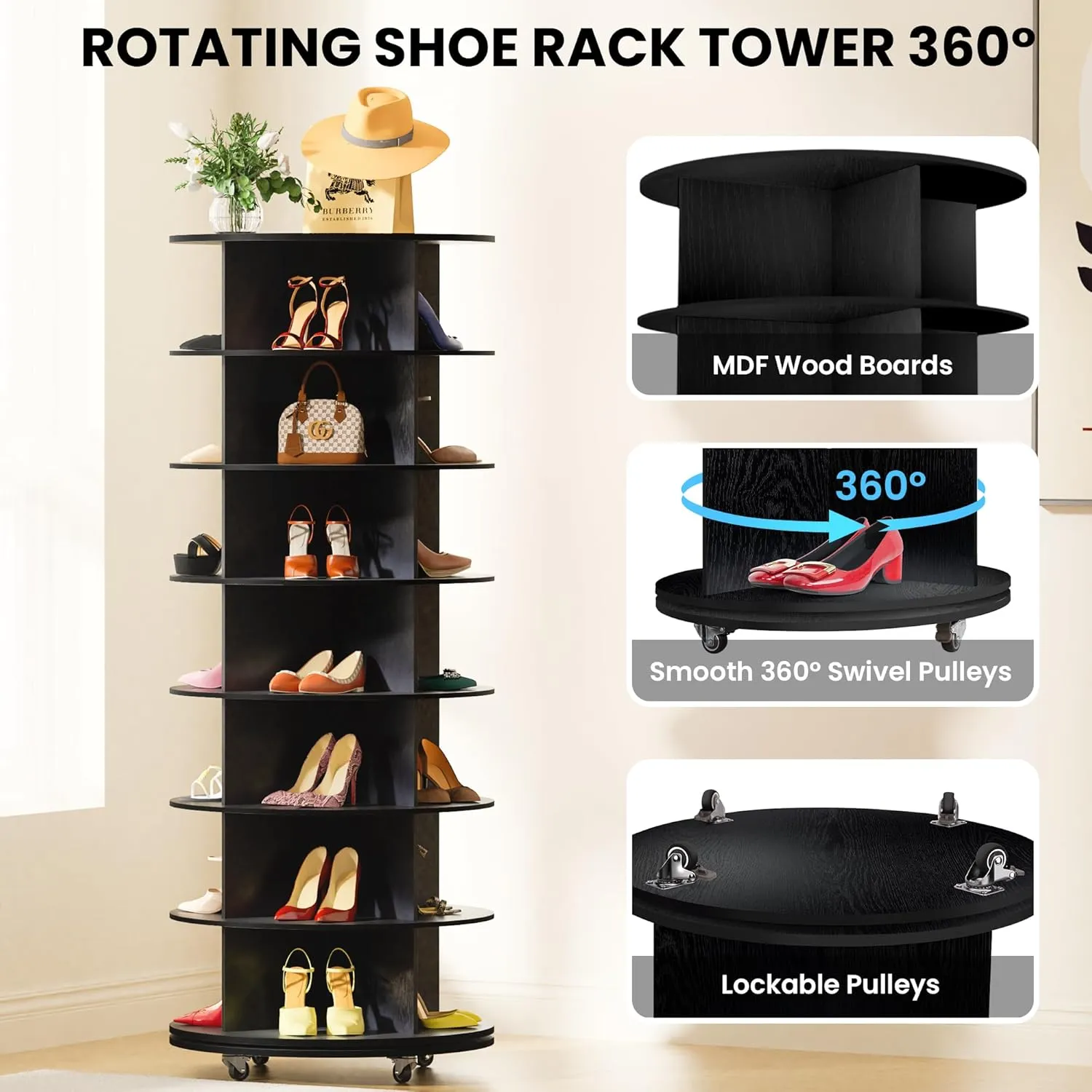 Wood 7-Tier Rotating Shoe Rack Tower, 360 with Wheels, Shoe Tree Organizer for Entryway Closet Bedroom, Space-Saving Design, Compact Tower, 66.9 Inch - Black
