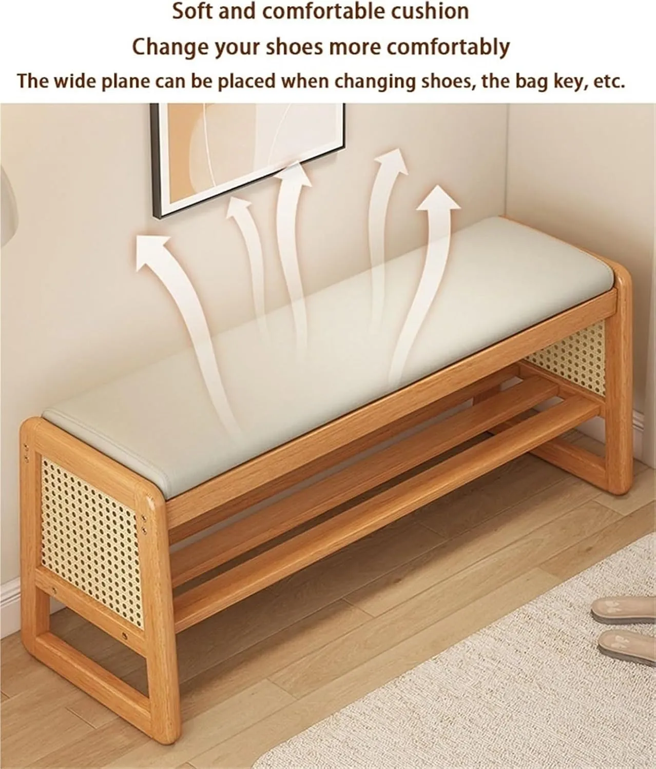 Wooden Shoe Bench Rattan Shoe Storage Cabinet with Leather Cushion Mid Century Modern Open Bench 2 Tier Shoe Rack for Entryway Living Room Bedroom,Easy Assembly