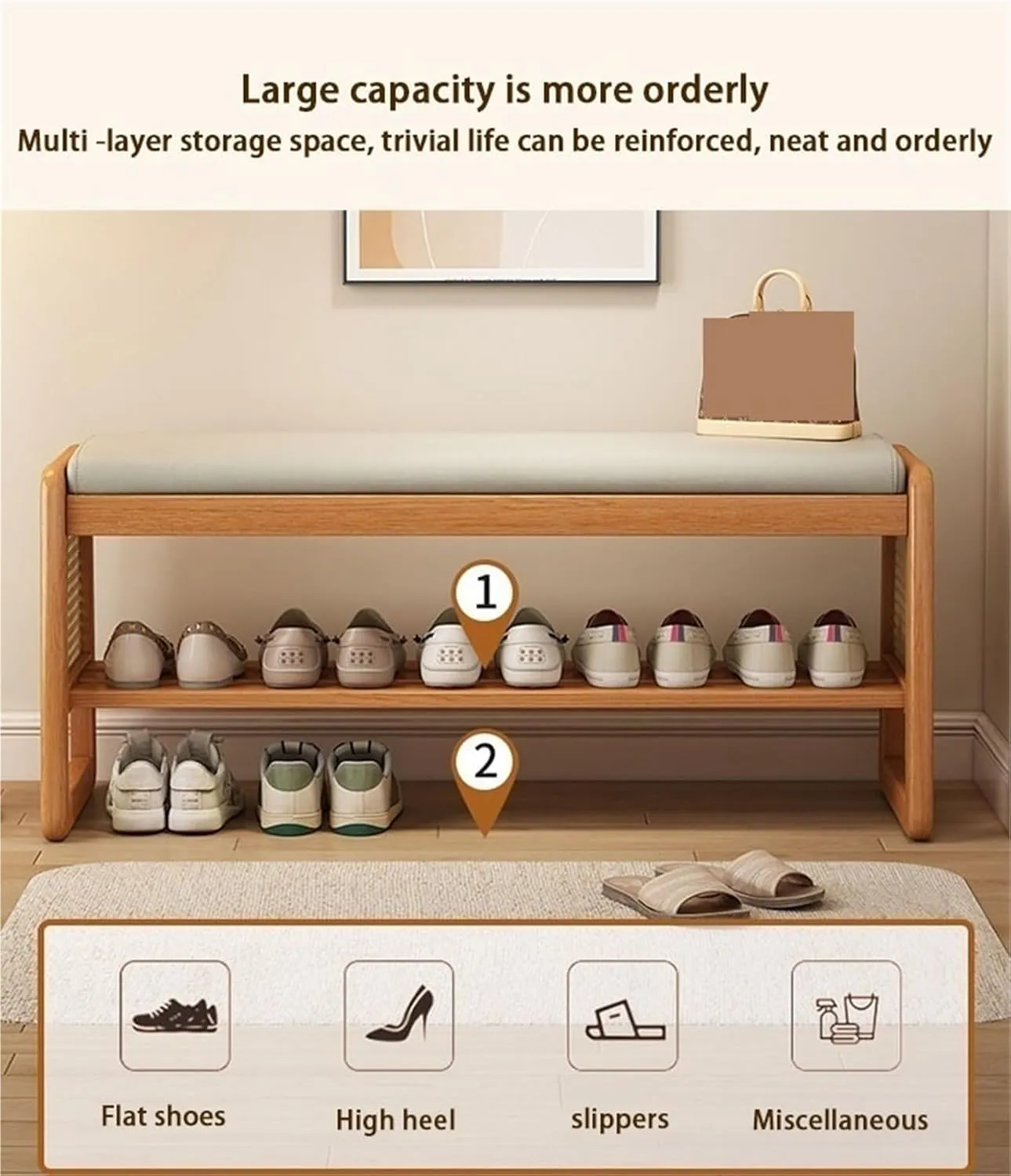 Wooden Shoe Bench Rattan Shoe Storage Cabinet with Leather Cushion Mid Century Modern Open Bench 2 Tier Shoe Rack for Entryway Living Room Bedroom,Easy Assembly
