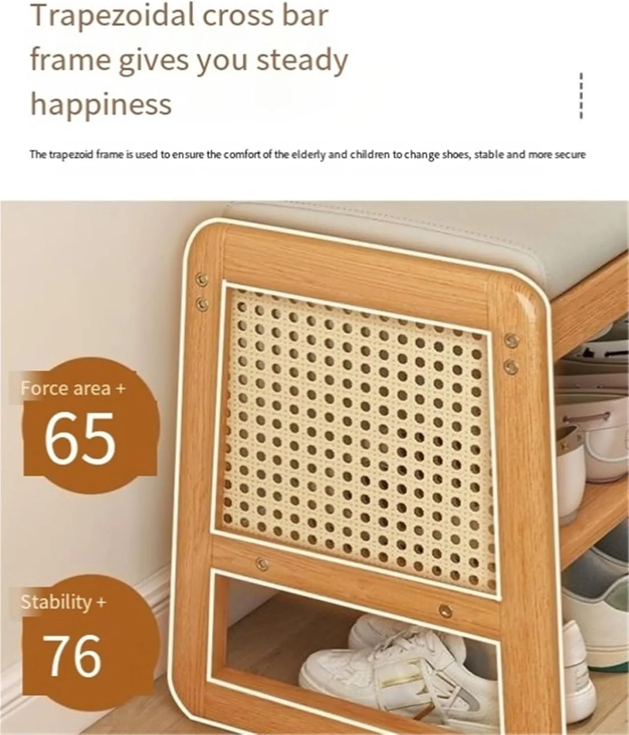 Wooden Shoe Bench Rattan Shoe Storage Cabinet with Leather Cushion Mid Century Modern Open Bench 2 Tier Shoe Rack for Entryway Living Room Bedroom,Easy Assembly