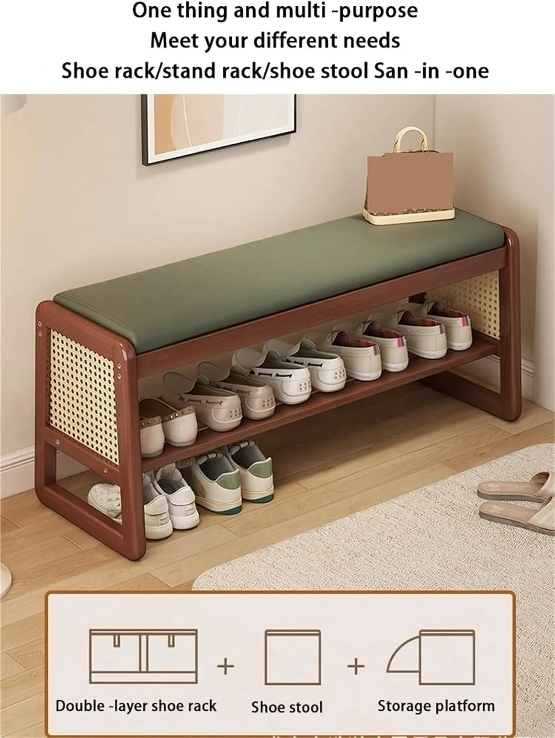 Wooden Shoe Bench Rattan Shoe Storage Cabinet with Leather Cushion Mid Century Modern Open Bench 2 Tier Shoe Rack for Entryway Living Room Bedroom,Easy Assembly
