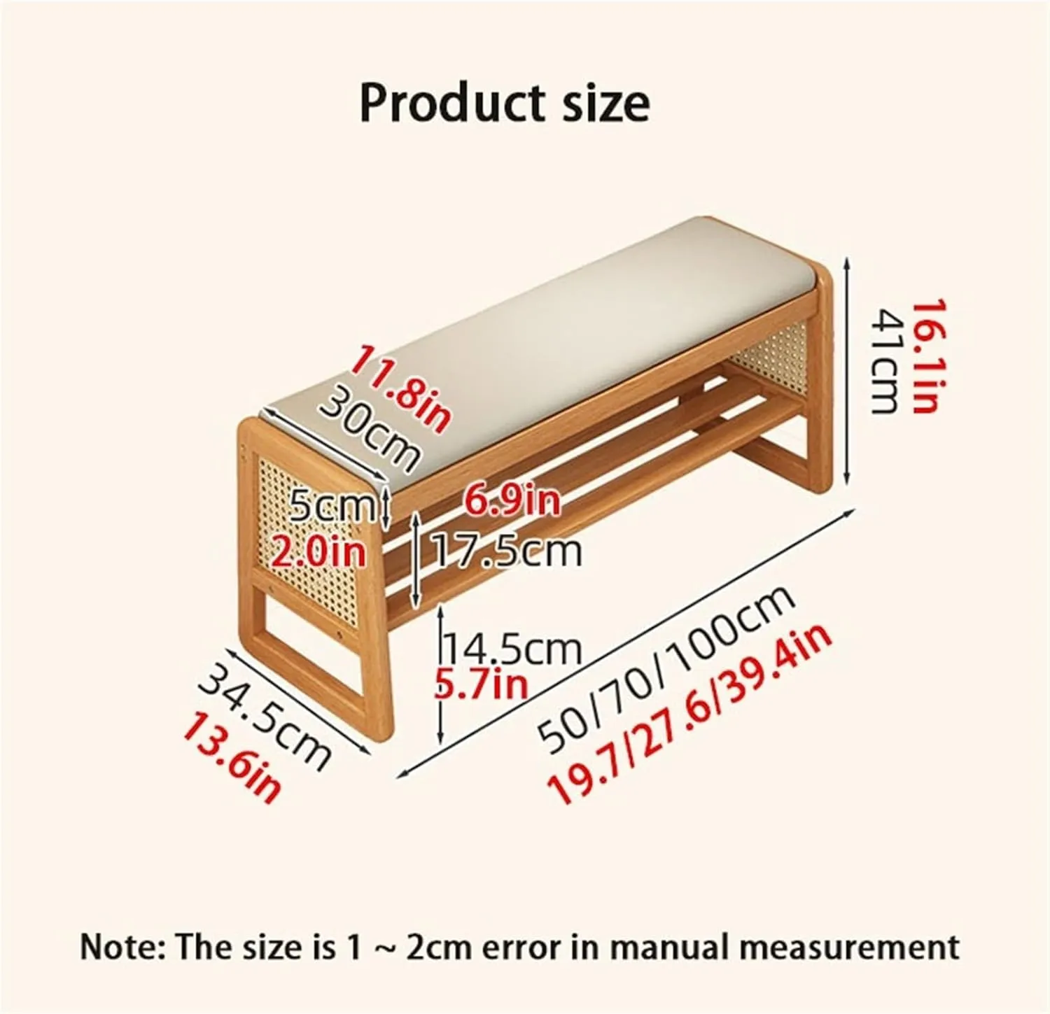 Wooden Shoe Bench Rattan Shoe Storage Cabinet with Leather Cushion Mid Century Modern Open Bench 2 Tier Shoe Rack for Entryway Living Room Bedroom,Easy Assembly