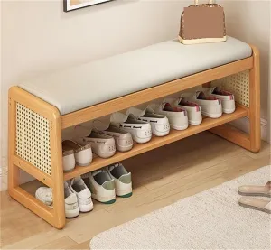 Wooden Shoe Bench Rattan Shoe Storage Cabinet with Leather Cushion Mid Century Modern Open Bench 2 Tier Shoe Rack for Entryway Living Room Bedroom,Easy Assembly
