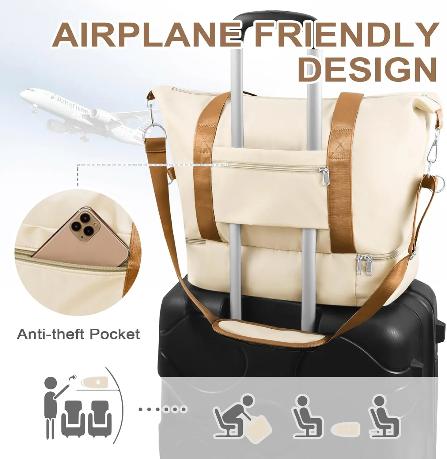 WOOMADA Weekender Bag for Women Travel, Overnight Bag with Shoe Compartment,Personal Item Travel Bag with Toiletry Bag(beige&brown)