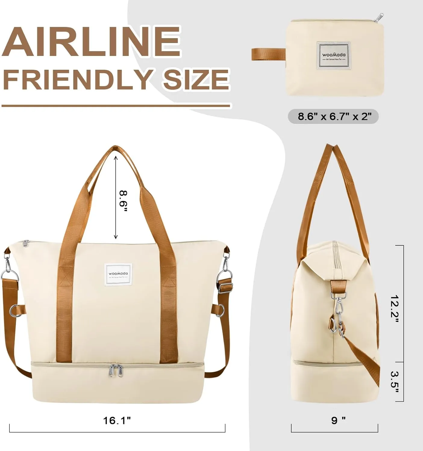 WOOMADA Weekender Bag for Women Travel, Overnight Bag with Shoe Compartment,Personal Item Travel Bag with Toiletry Bag(beige&brown)