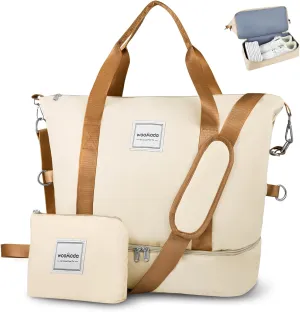 WOOMADA Weekender Bag for Women Travel, Overnight Bag with Shoe Compartment,Personal Item Travel Bag with Toiletry Bag(beige&brown)