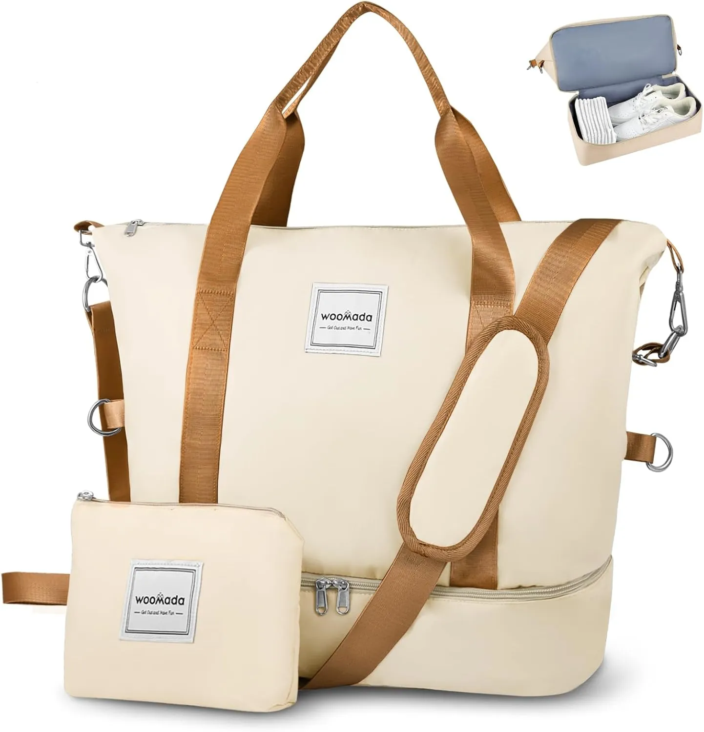 WOOMADA Weekender Bag for Women Travel, Overnight Bag with Shoe Compartment,Personal Item Travel Bag with Toiletry Bag(beige&brown)