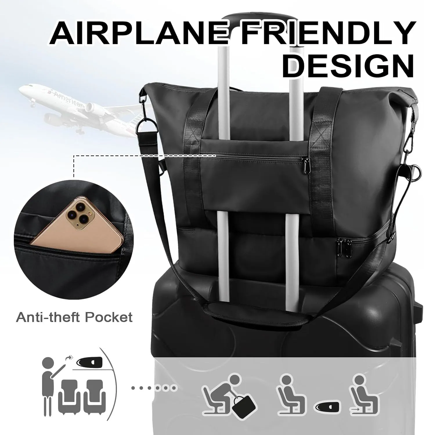 WOOMADA Weekender Bag for Women Travel, Overnight Bag with Shoe Compartment,Personal Item Travel Bag with Toiletry Bag(black)