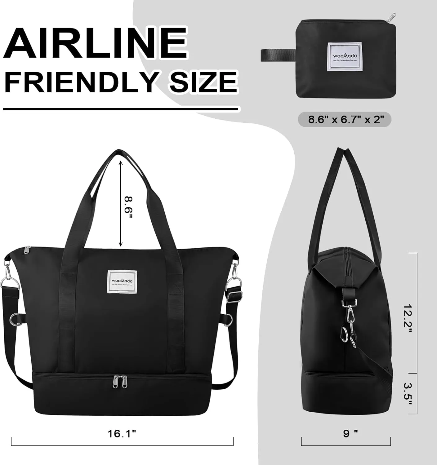 WOOMADA Weekender Bag for Women Travel, Overnight Bag with Shoe Compartment,Personal Item Travel Bag with Toiletry Bag(black)
