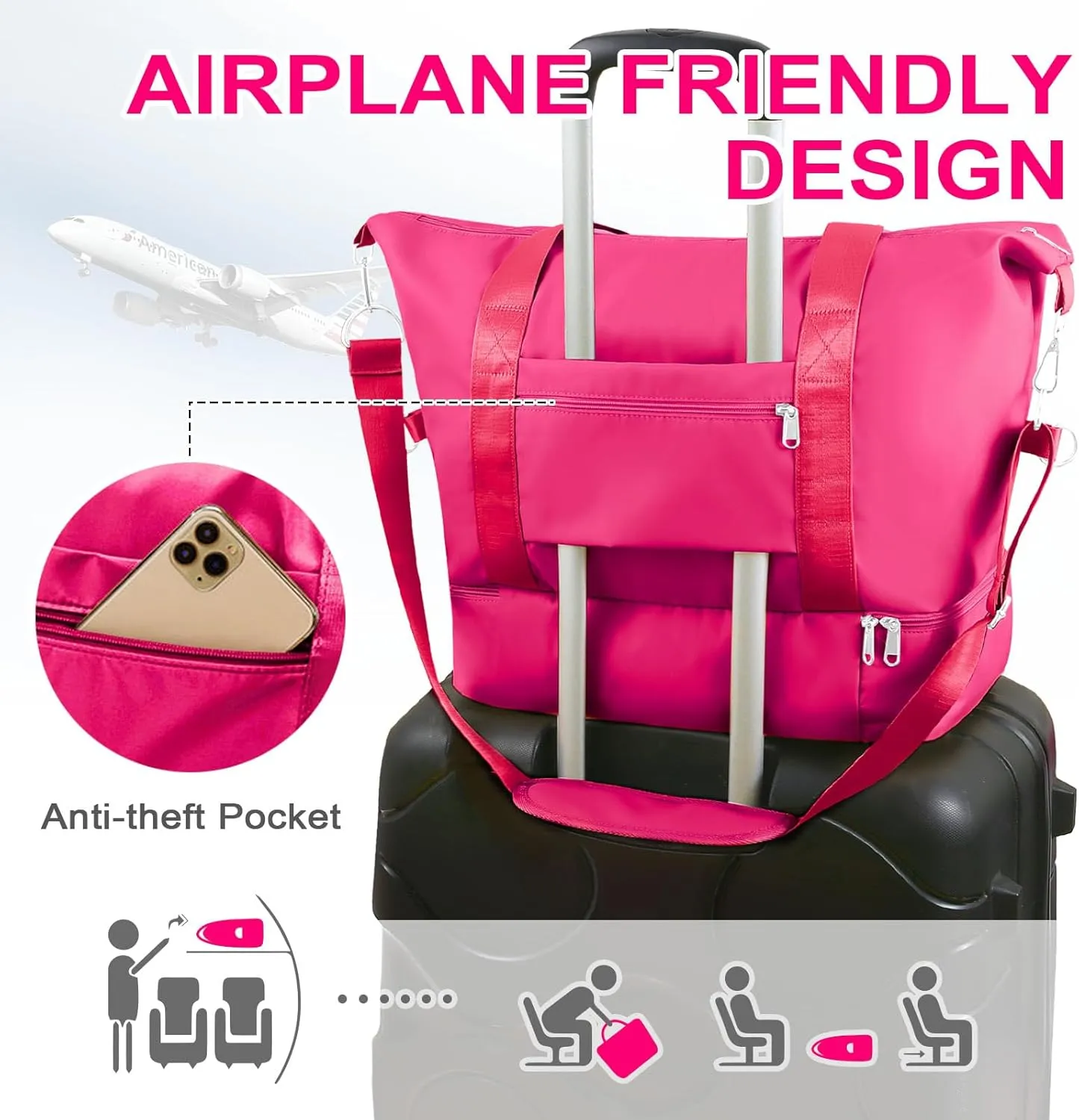 WOOMADA Weekender Bag for Women Travel, Overnight Bag with Shoe Compartment,Personal Item Travel Bag with Toiletry Bag(hot pink)