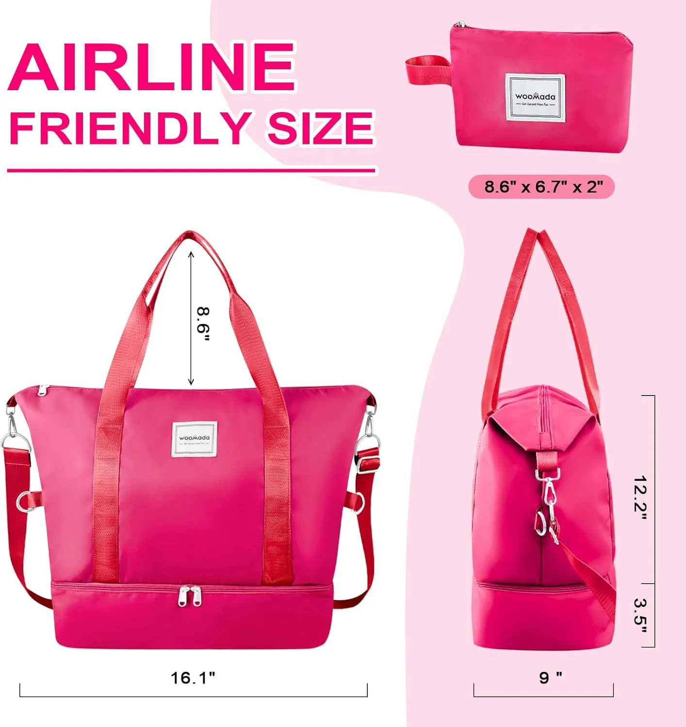 WOOMADA Weekender Bag for Women Travel, Overnight Bag with Shoe Compartment,Personal Item Travel Bag with Toiletry Bag(hot pink)