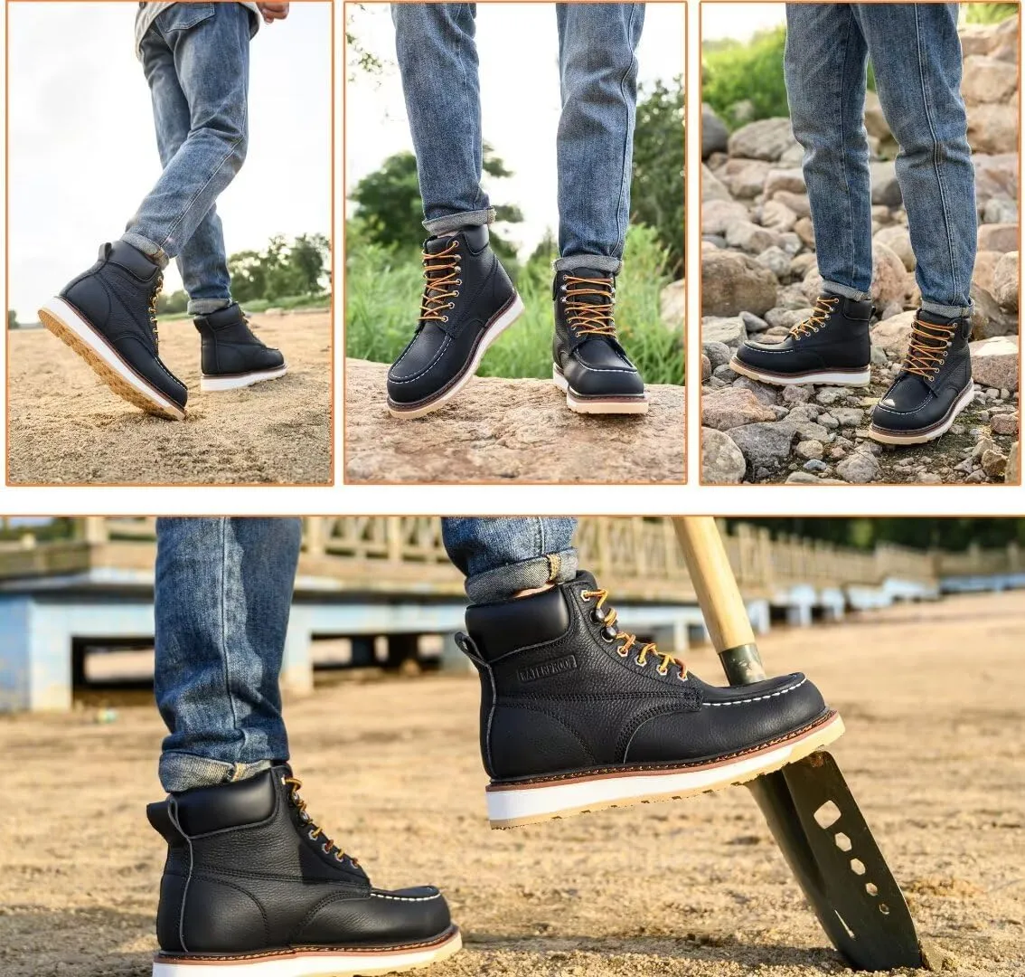 Work Boots for Men, 6" Soft Toe Wedge Sole Waterproof Safety Boots, Comfortable Construction Work Safety Shoes